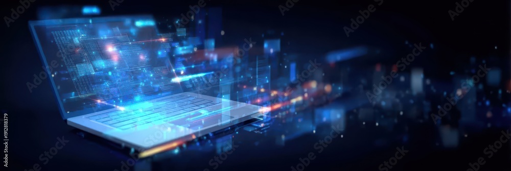 Fototapeta premium A modern laptop supports smooth typing as the user explores a vibrant screen interface, strengthening the overall interaction experience