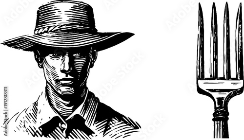 Vintage engraved illustration of peasant farmer with pitchfork - rural life concept for heritage design