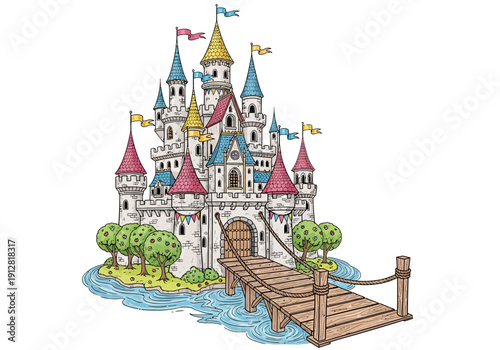 Fantasy castle with colorful towers high.