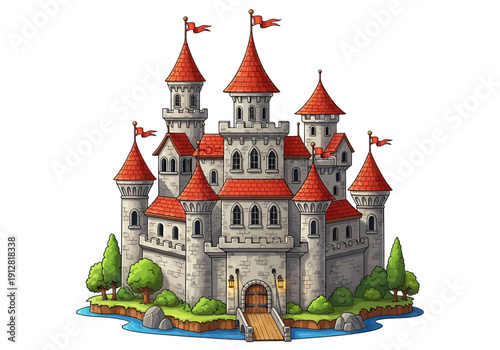 Fantasy Castle with Red Roofs Towers.