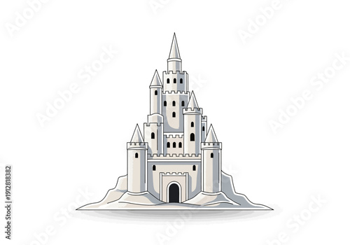 Fantasy castle with tall spires towers.