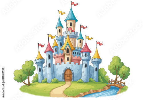 Fantasy Castle with Turrets and Towers.