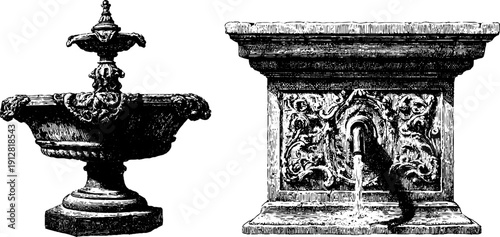 Renaissance fountain and basin engraving design for historical projects