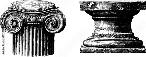 Classical roman column architecture - engraved illustration set of capital and drum
