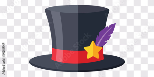 Magician's Top Hat Illustration: A meticulously crafted illustration features a classic black top hat adorned with a vibrant red band, a golden star, and a purple feather.