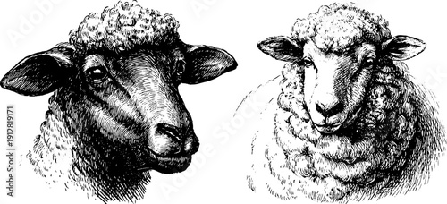 Vintage sheep head and full body engraving - hand-drawn animal illustration for design and decor