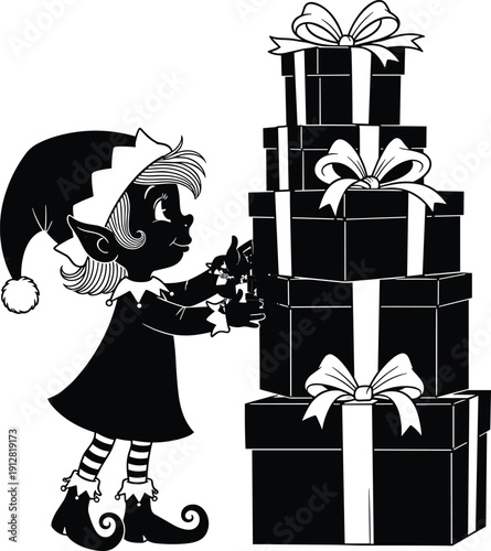 Cute Christmas elf girl black silhouette arranging a tall stack of wrapped holiday presents, isolated vector illustration for Santa's workshop and celebration.