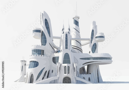 Futuristic white building with blue accents.