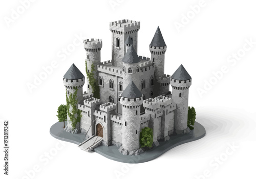 Gray castle model with towers.