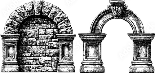 Vintage architectural elements sketch featuring stone arch and keystone for design projects