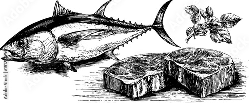 Vintage engraved illustration of tuna fish set with head, whole tuna, and steak for culinary art design