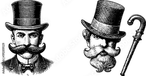 Victorian gentleman portraits with cane - vintage engraving for design and decor