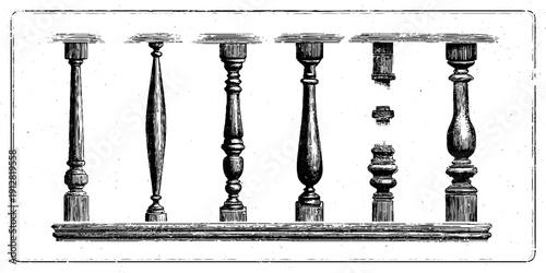 Vintage balcony railing and baluster engraving set for design and decor