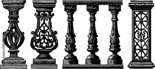 Vintage engraved illustrations of balcony railings and balusters for design and decoration
