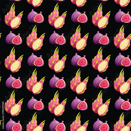 Colorful fruit pattern featuring dragon fruit and figs on a black background.
