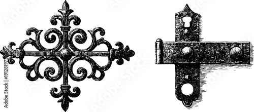 Vintage wrought iron gate and hinge engraving set for design and decoration