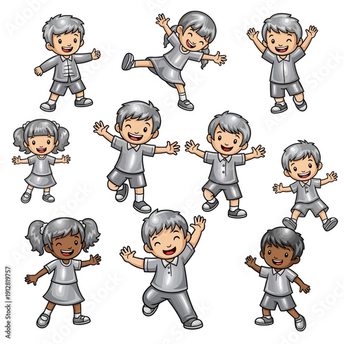 Cartoon children pose in rows on white backdrop.!