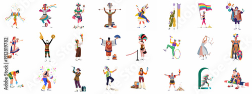 Diverse Global Carnival and Festival Characters Collection. People in vibrant costumes, masks, and traditional outfits celebrating cultures, holidays, and parades.