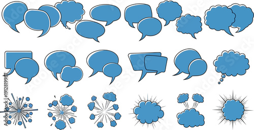 Blue comic speech bubbles and explosion shapes