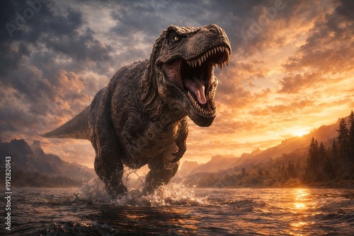Ferocious Feathered Tyrannosaurus Rex Roaring at Sunset in Misty Prehistoric Lake Landscape