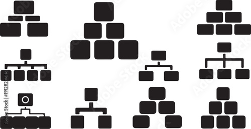 Flowchart diagrams and organizational charts on white background