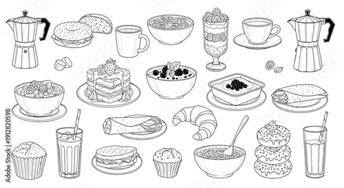 Assorted breakfast foods and beverages, including pastries, coffee, and juice, displayed on a clean white background from a direct overhead viewpoint.