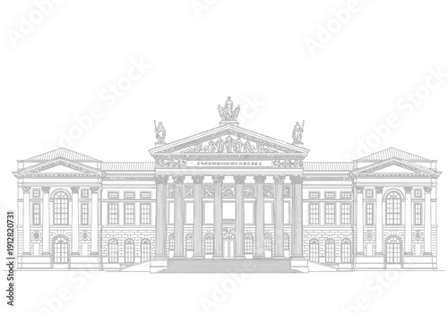 Large Building with Columns and Statues.