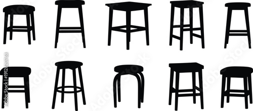 Collection of various black bar stools on white background