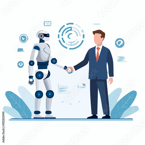 Illustration of a robot and a businessman shaking hands with various digital icons floating around them on a white background with blue accents.