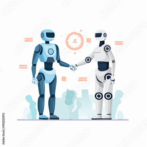 Illustration of two robots shaking hands with a cityscape and clock in the background, conveying a futuristic collaboration scene with a technological and innovative mood.