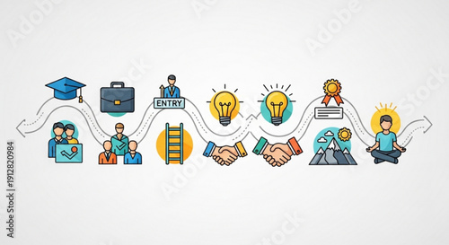 Career development infographic showing education career growth and success through flat design icons and winding path