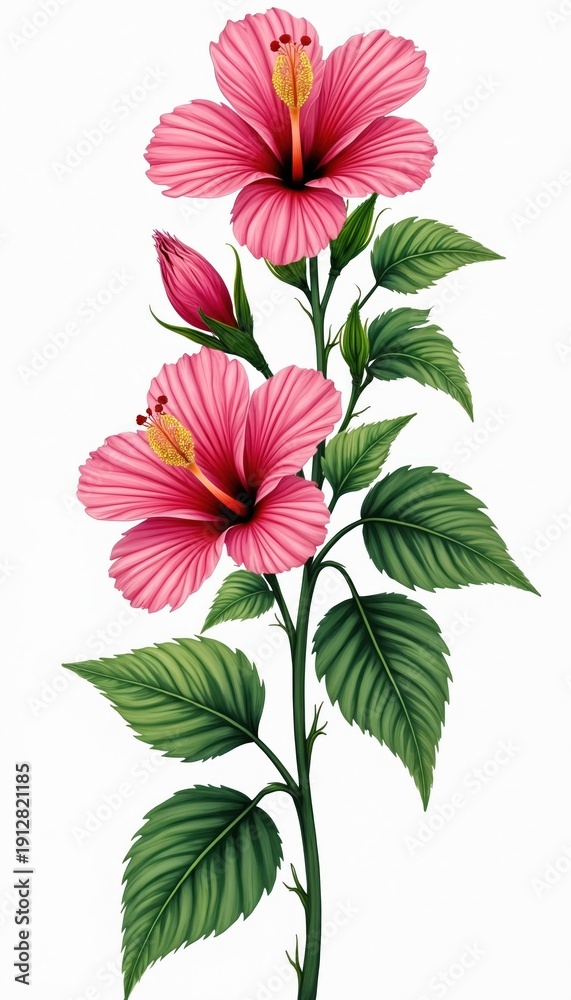 Obraz premium Pink hibiscus flowers with green leaves bloom on a white background. This illustration is perfect for botanical art, summer themes and floral designs.