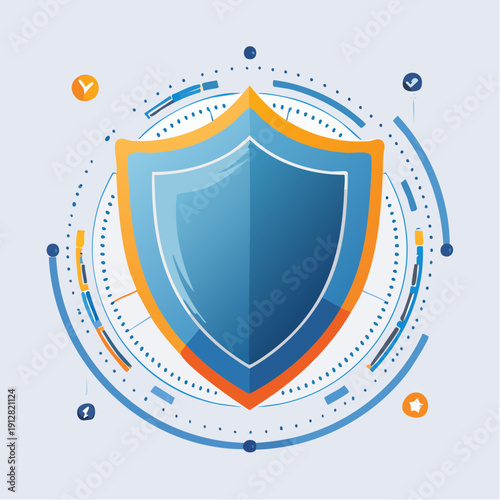 Flat design illustration of a blue shield surrounded by orange and blue lines, dots, and checkmarks on a light gray background, conveying security and protection.