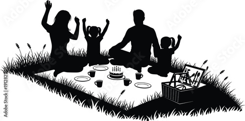 Happy family celebrating birthday picnic black silhouette on grass, with cake, basket, and children raising hands, isolated vector 