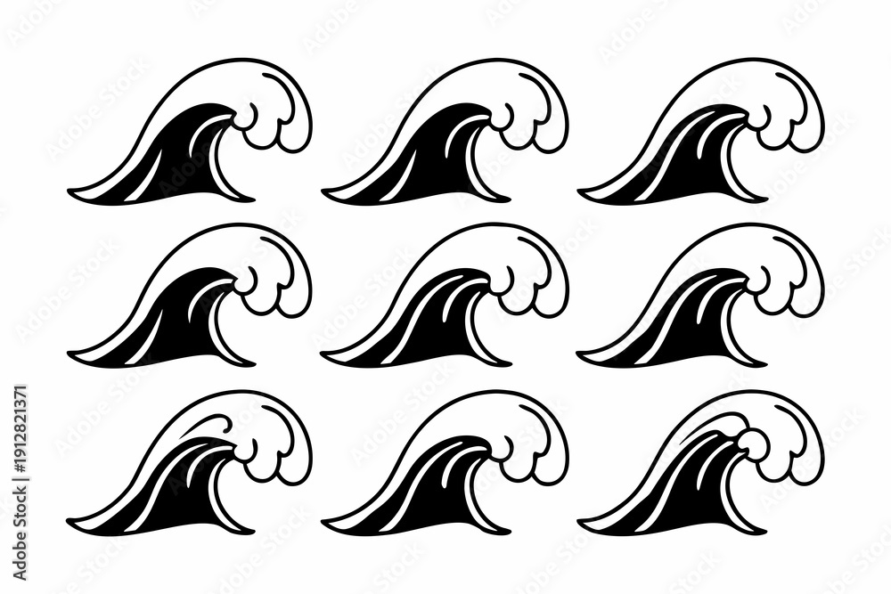 Obraz premium A set of minimalist wave icons in black and white, arranged in rows on a plain background