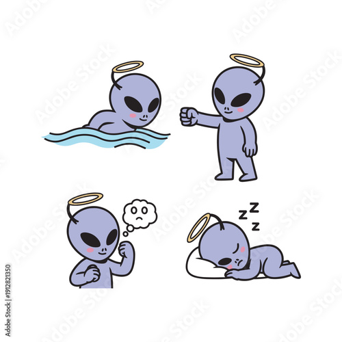 Cute cartoon alien having a bad day with halo, sleeping, swimming, and yawning