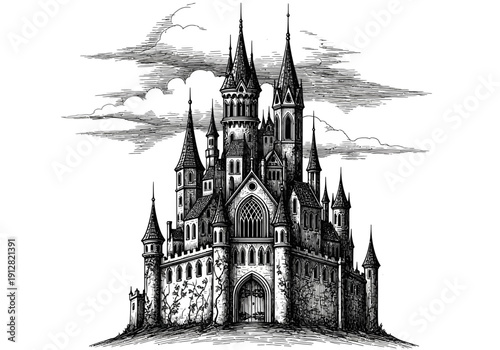 Large Gothic Castle with Spires Towers.