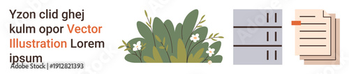 Technology, file organization, information storage, system management, nature , greenery. Illustrated icons include a server, documents and plants. Technology and file organization concept