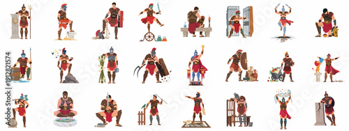 A comprehensive collection of ancient Roman gladiators depicting various types, poses, weapons, and historical activities in vector flat illustration style.