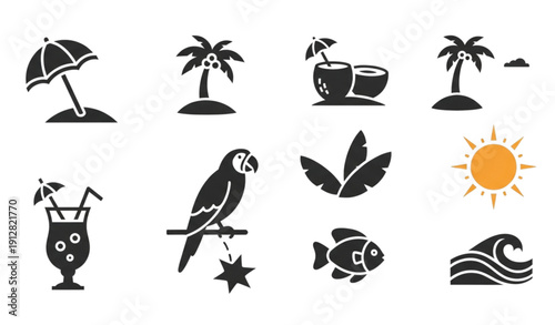 Tropical summer vacation solid vector icon set