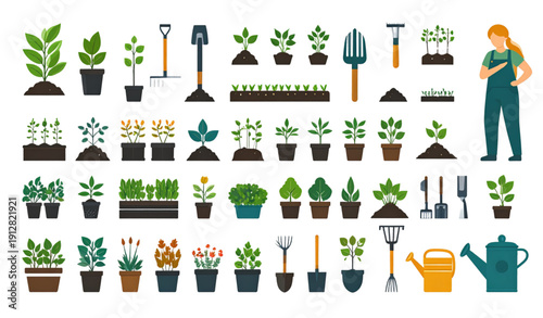 Gardening and plant care solid vector icon set