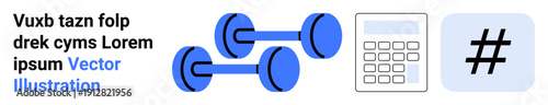 Blue dumbbells, simple calculator, and a metadata tag icon. Ideal for fitness apps, modern connectivity, mathematics, online trends, finance, workout management simple landing page