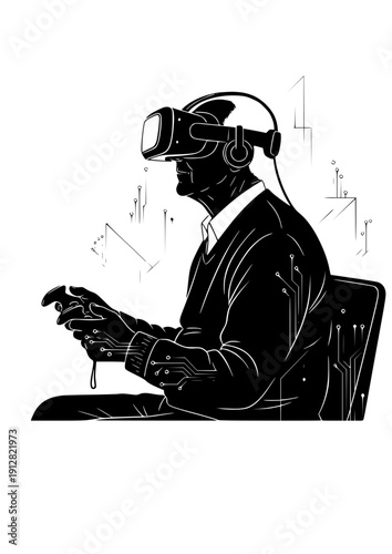 Senior woman playing video games VR brain training cognitive health silhouette vector