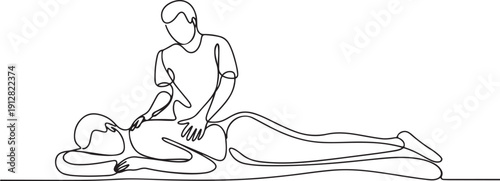 One continuous line art drawing of massaging on a table. Rehabilitation therapy, massaging on a table. Physiotherapy treatment  One Line Drawing Vector.