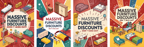 Colorful promotional banners showcasing massive furniture discounts.