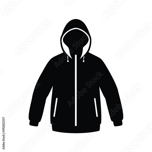 Black and white hoodie with zipper and pockets, stylish silhouette vector illustration, hooded winter jacket silhouette vector illustration