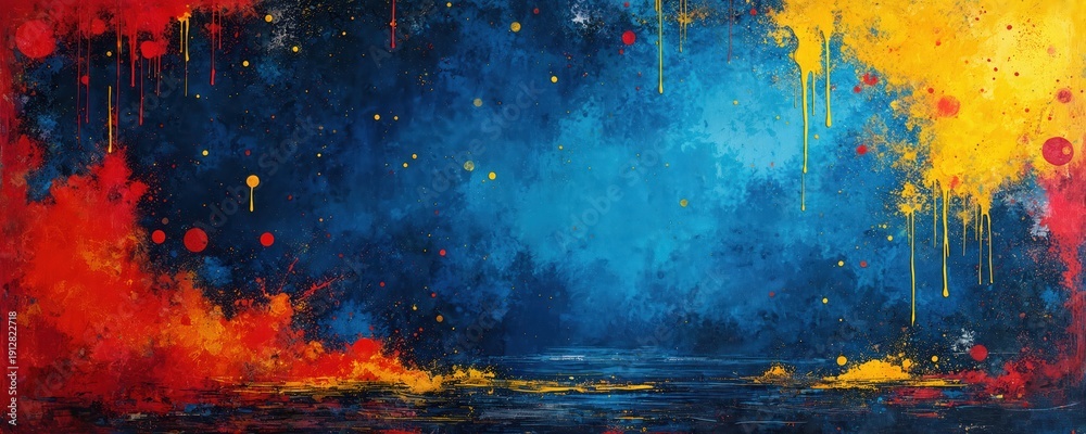 Fototapeta premium Abstract digital artwork with vibrant paint splashes and drips. Bold blue background contrasts with fiery red yellow orange hues. Textured surface suggests energetic movement and creative expression.