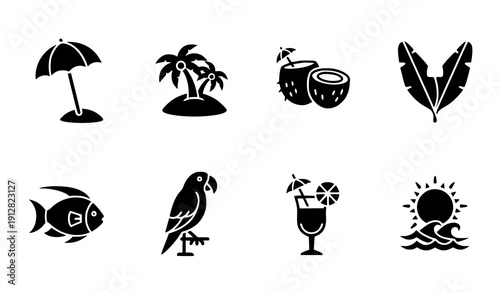 Tropical summer vacation solid vector icon set