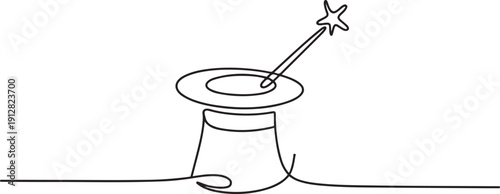 one line art Magic Wand and Hat vector illustration. line art, one continuous line, simple, hand drawn and sketch style One Line Drawing Vector.