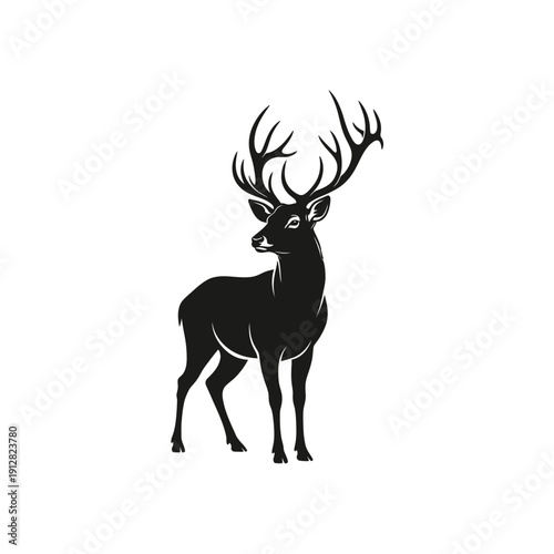 Majestic Stag Silhouette with Large Antlers, Deer Mascot Logo Illustration, Wild Forest Animal Vector for Outdoor Branding